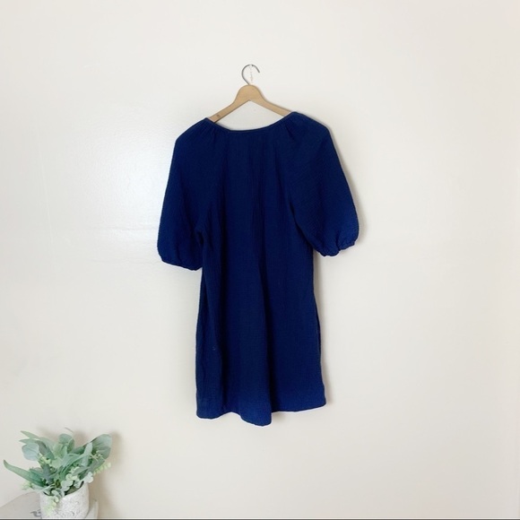 [Anthropologie] Navy Blue Puff Sleeve Brushed Cotton Short Sleeve Dress - Picture 6 of 9